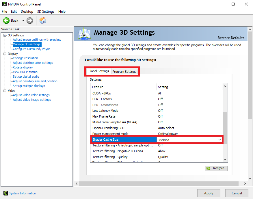 Figure 4: Turning off Shader Cache in the NVIDIA Control Panel. Figure 4: Turning off Shader Cache in the NVIDIA Control Panel.